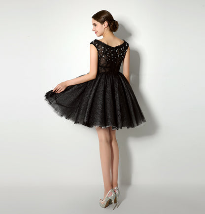 7‑Day Dispatch Black Off‑the‑Shoulder Beaded Glitter Tulle Homecoming Dress Sheer Lace Waist Short Puffy Gown