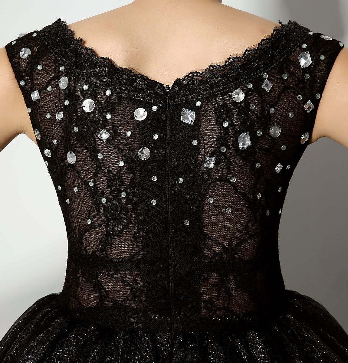 7‑Day Dispatch Black Off‑the‑Shoulder Beaded Glitter Tulle Homecoming Dress Sheer Lace Waist Short Puffy Gown