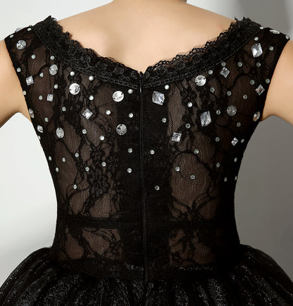 7‑Day Dispatch Black Off‑the‑Shoulder Beaded Glitter Tulle Homecoming Dress Sheer Lace Waist Short Puffy Gown