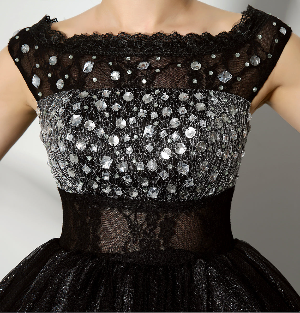 7‑Day Dispatch Black Off‑the‑Shoulder Beaded Glitter Tulle Homecoming Dress Sheer Lace Waist Short Puffy Gown