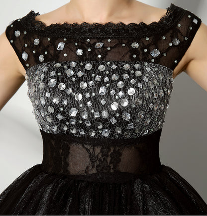 7‑Day Dispatch Black Off‑the‑Shoulder Beaded Glitter Tulle Homecoming Dress Sheer Lace Waist Short Puffy Gown