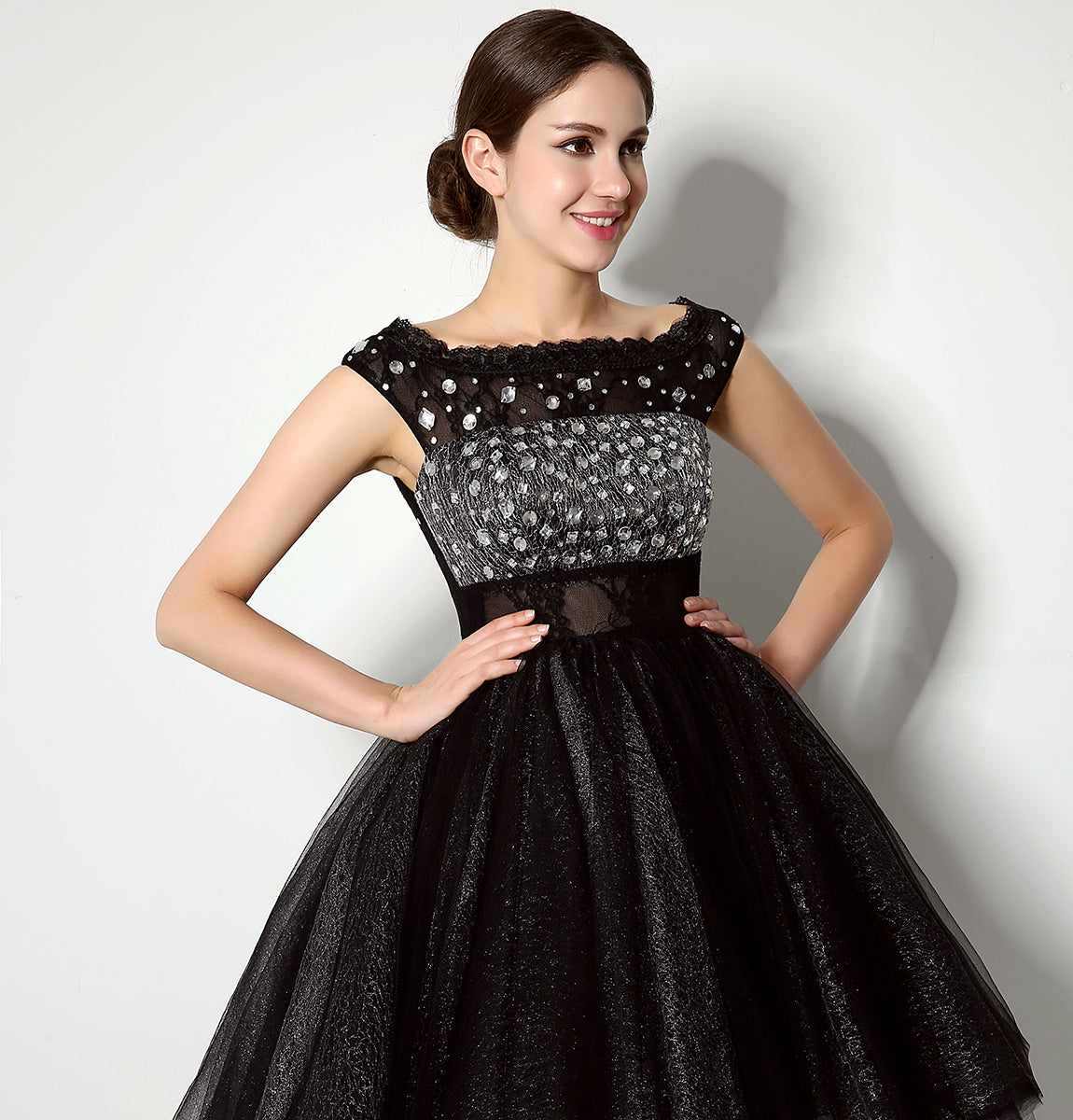7‑Day Dispatch Black Off‑the‑Shoulder Beaded Glitter Tulle Homecoming Dress Sheer Lace Waist Short Puffy Gown