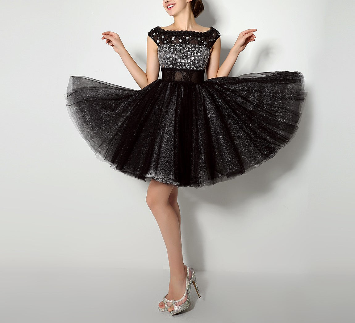 7‑Day Dispatch Black Off‑the‑Shoulder Beaded Glitter Tulle Homecoming Dress Sheer Lace Waist Short Puffy Gown