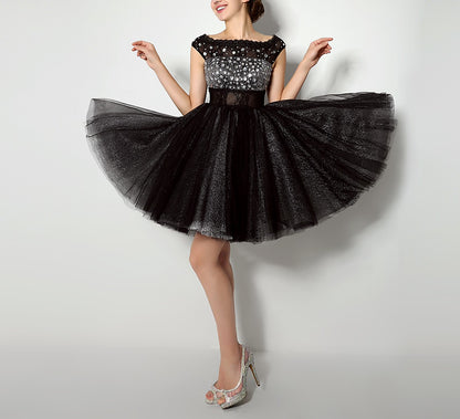 7‑Day Dispatch Black Off‑the‑Shoulder Beaded Glitter Tulle Homecoming Dress Sheer Lace Waist Short Puffy Gown