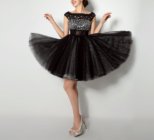 7‑Day Dispatch Black Off‑the‑Shoulder Beaded Glitter Tulle Homecoming Dress Sheer Lace Waist Short Puffy Gown