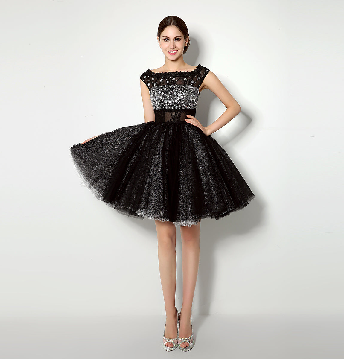 7‑Day Dispatch Black Off‑the‑Shoulder Beaded Glitter Tulle Homecoming Dress Sheer Lace Waist Short Puffy Gown