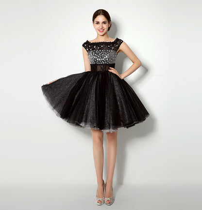 7‑Day Dispatch Black Off‑the‑Shoulder Beaded Glitter Tulle Homecoming Dress Sheer Lace Waist Short Puffy Gown