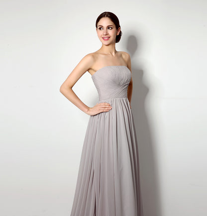 72‑Hour Dispatch Strapless Ruched Dusty Gray Chiffon Bridesmaid Dress Flowing Floor‑Length Evening Gown