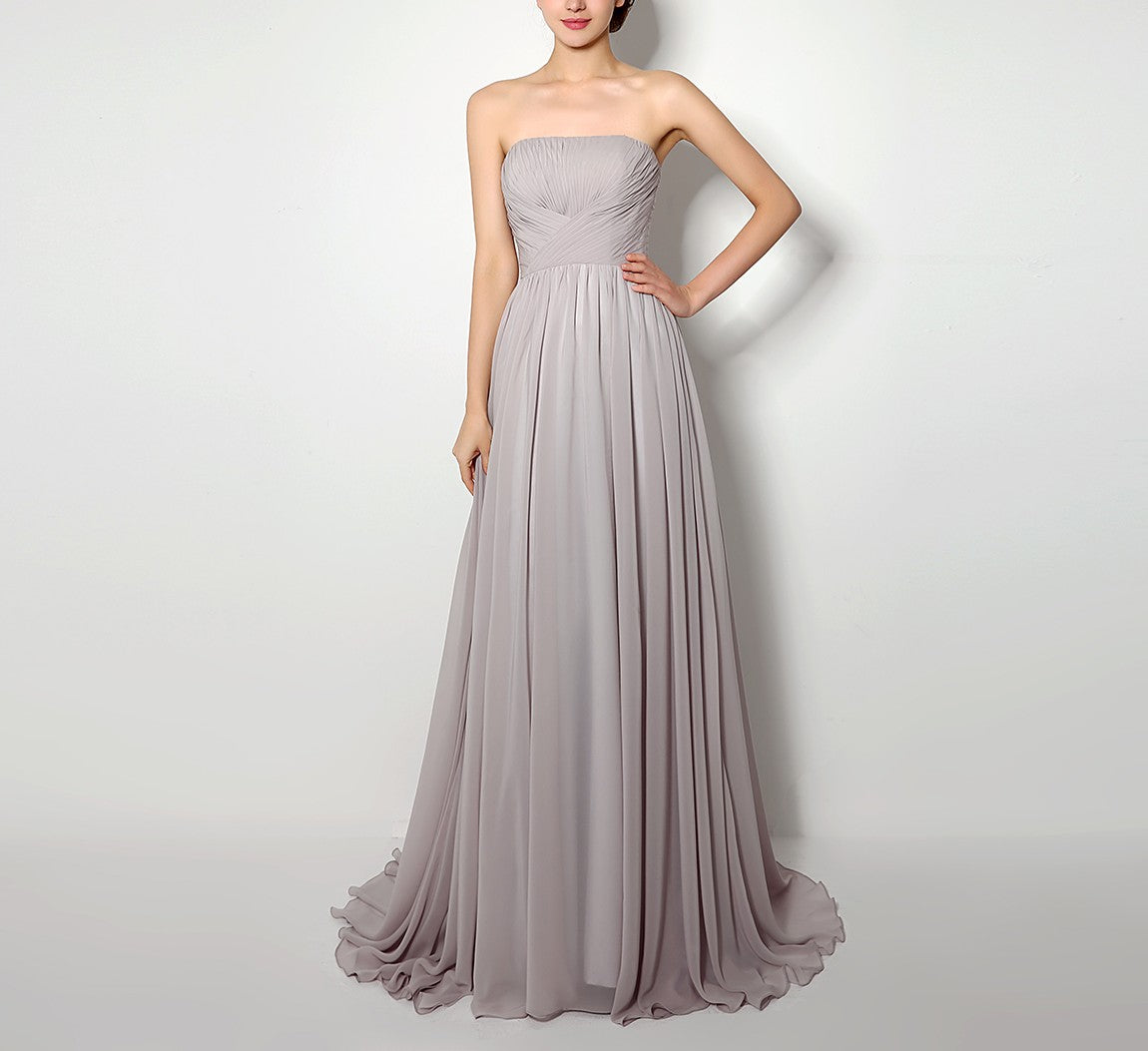 72‑Hour Dispatch Strapless Ruched Dusty Gray Chiffon Bridesmaid Dress Flowing Floor‑Length Evening Gown