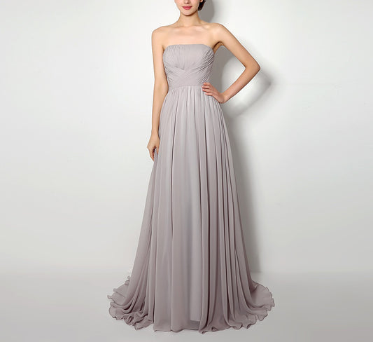 72‑Hour Dispatch Strapless Ruched Dusty Gray Chiffon Bridesmaid Dress Flowing Floor‑Length Evening Gown