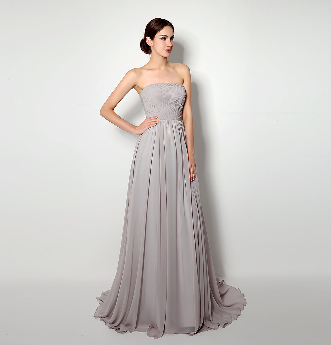 72‑Hour Dispatch Strapless Ruched Dusty Gray Chiffon Bridesmaid Dress Flowing Floor‑Length Evening Gown