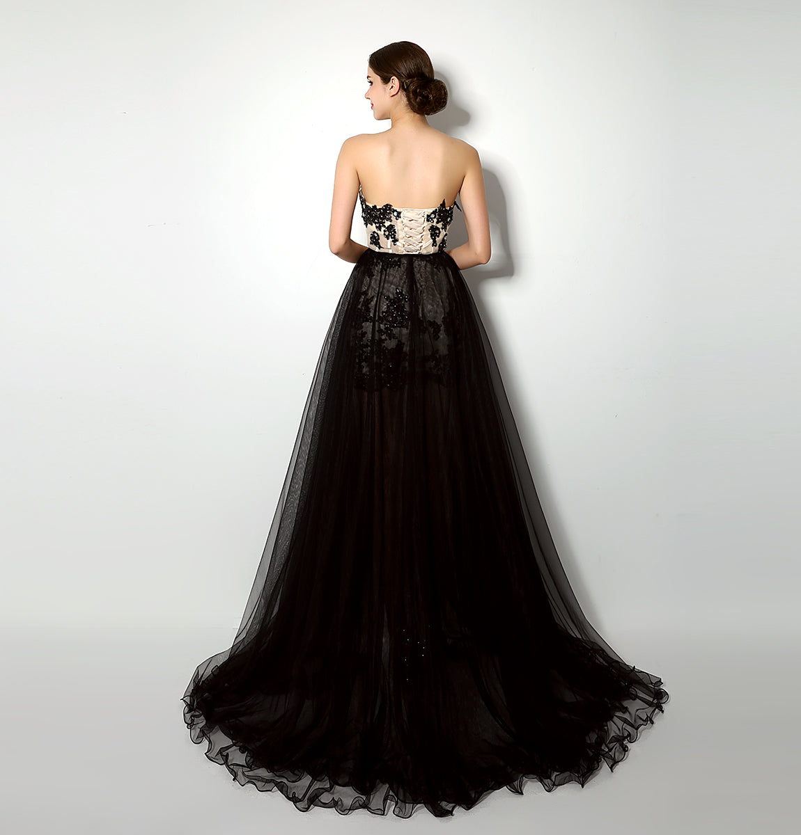 7‑Day Dispatch Two‑Way Wear Strapless Black Lace Detachable Tulle Overlay Evening Dress