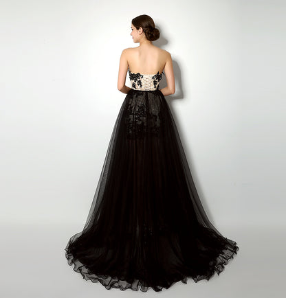 7‑Day Dispatch Two‑Way Wear Strapless Black Lace Detachable Tulle Overlay Evening Dress
