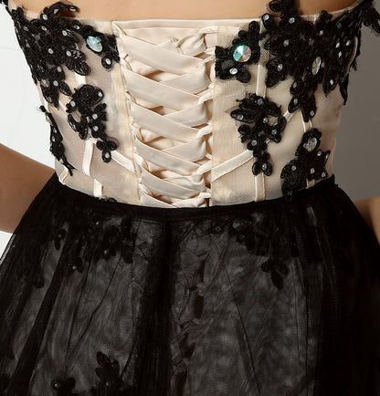 7‑Day Dispatch Two‑Way Wear Strapless Black Lace Detachable Tulle Overlay Evening Dress