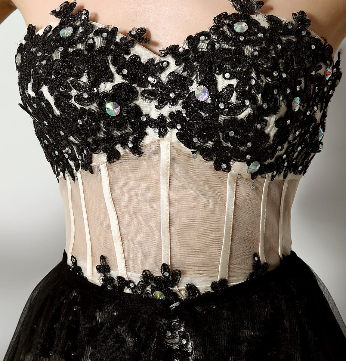7‑Day Dispatch Two‑Way Wear Strapless Black Lace Detachable Tulle Overlay Evening Dress
