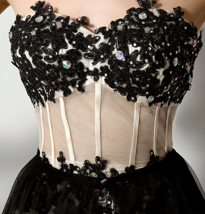 7‑Day Dispatch Two‑Way Wear Strapless Black Lace Detachable Tulle Overlay Evening Dress