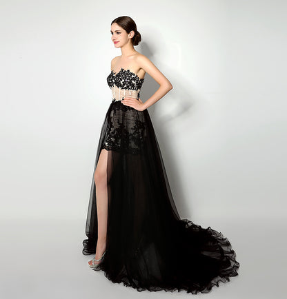 7‑Day Dispatch Two‑Way Wear Strapless Black Lace Detachable Tulle Overlay Evening Dress