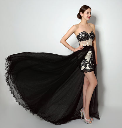 7‑Day Dispatch Two‑Way Wear Strapless Black Lace Detachable Tulle Overlay Evening Dress