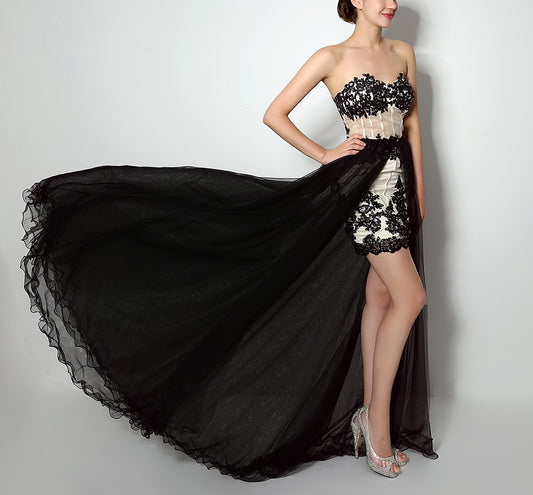 7‑Day Dispatch Two‑Way Wear Strapless Black Lace Detachable Tulle Overlay Evening Dress