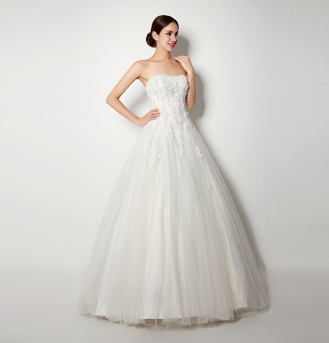 7‑Day Dispatch Strapless Sweetheart White Tulle Ball Gown Lace Beaded Corset Back Wedding Dress Formal Dress