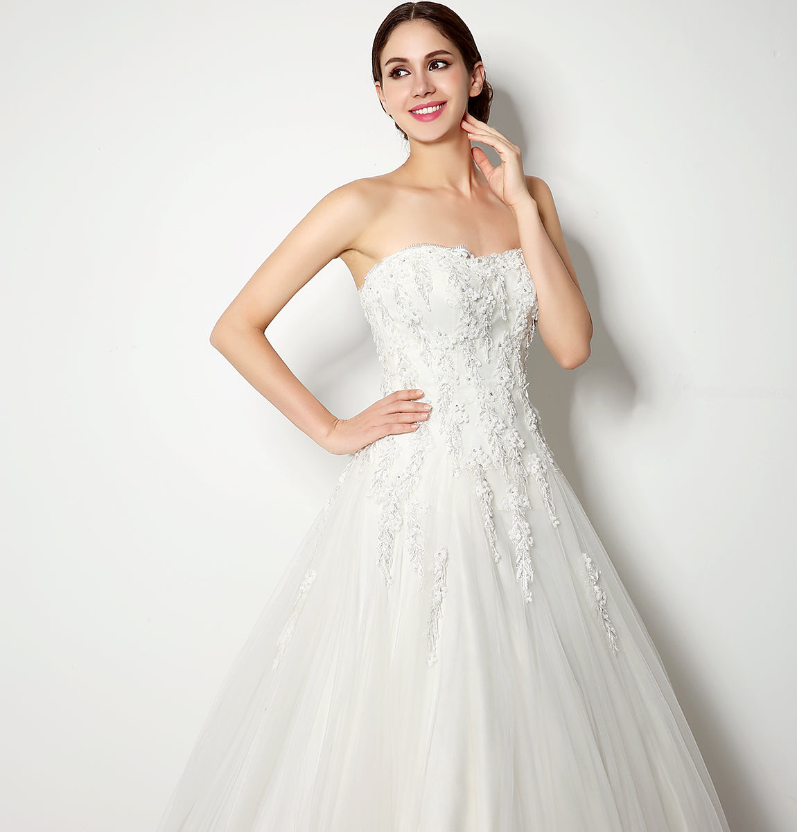 7‑Day Dispatch Strapless Sweetheart White Tulle Ball Gown Lace Beaded Corset Back Wedding Dress Formal Dress