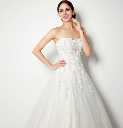 7‑Day Dispatch Strapless Sweetheart White Tulle Ball Gown Lace Beaded Corset Back Wedding Dress Formal Dress
