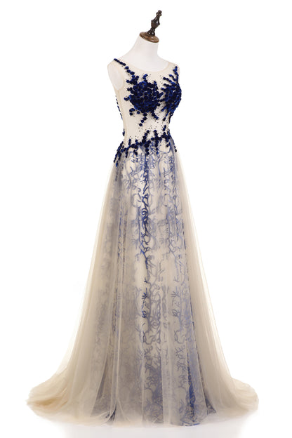 7-Day Dispatch Sleeveless Illusion Neckline Nude Tulle Blue Floral Embroidery A-Line Evening Gown Open Back Train Dress