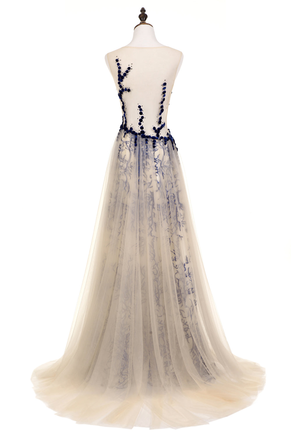 7-Day Dispatch Sleeveless Illusion Neckline Nude Tulle Blue Floral Embroidery A-Line Evening Gown Open Back Train Dress