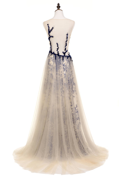 7-Day Dispatch Sleeveless Illusion Neckline Nude Tulle Blue Floral Embroidery A-Line Evening Gown Open Back Train Dress
