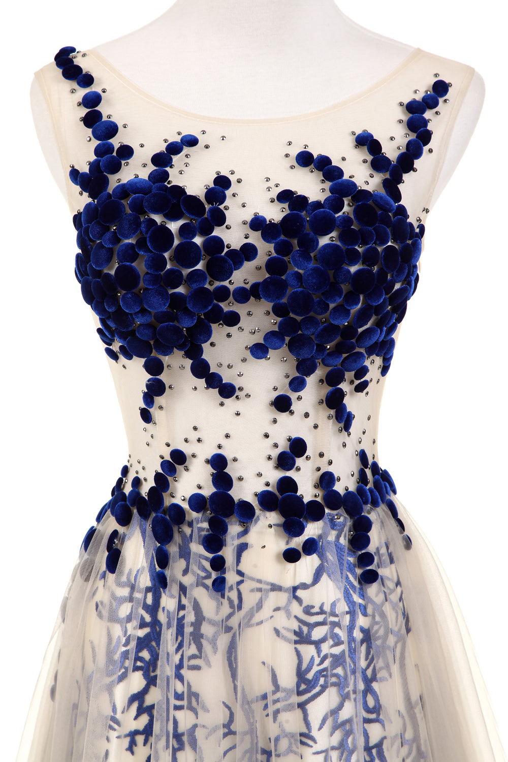 7-Day Dispatch Sleeveless Illusion Neckline Nude Tulle Blue Floral Embroidery A-Line Evening Gown Open Back Train Dress