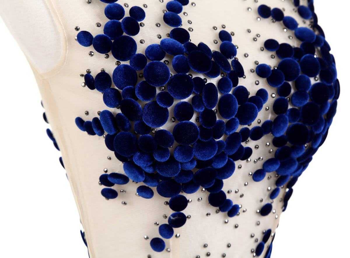 7-Day Dispatch Sleeveless Illusion Neckline Nude Tulle Blue Floral Embroidery A-Line Evening Gown Open Back Train Dress