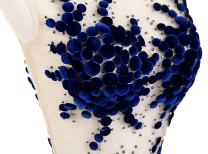 7-Day Dispatch Sleeveless Illusion Neckline Nude Tulle Blue Floral Embroidery A-Line Evening Gown Open Back Train Dress