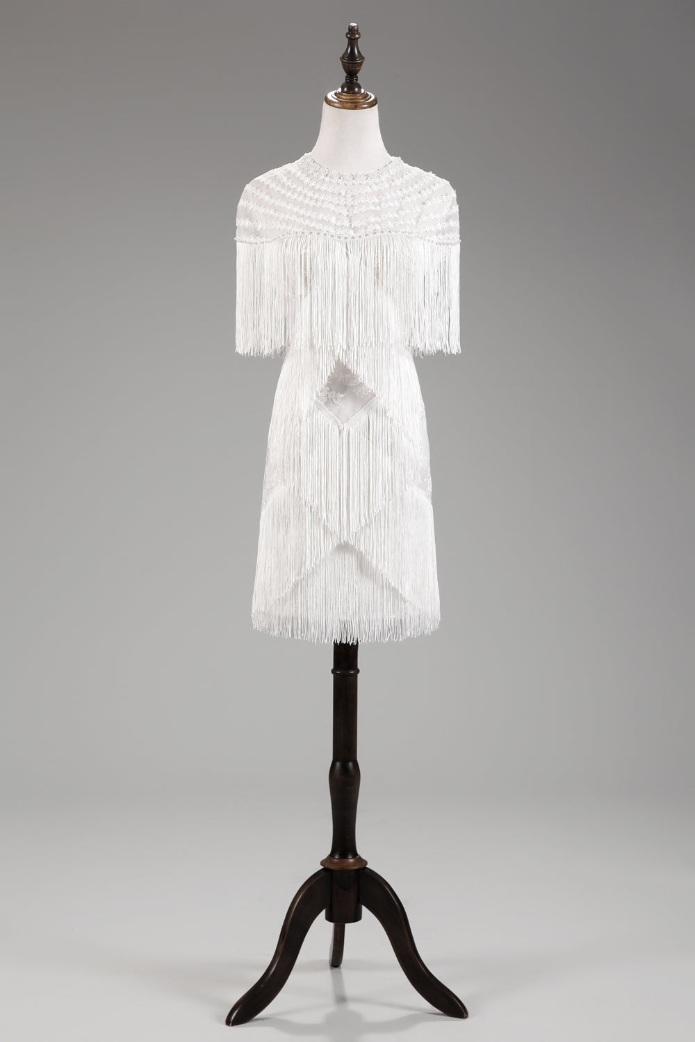 7-Day Dispatch High Neck White Fringe Flapper Mini Dress Illusion Neck Sleeveless Tassel Party Gown