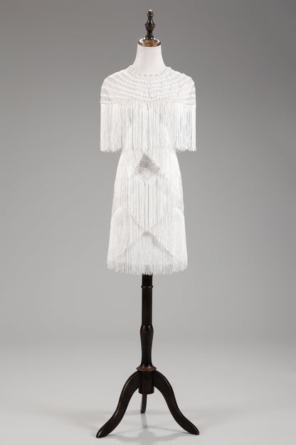 7-Day Dispatch High Neck White Fringe Flapper Mini Dress Illusion Neck Sleeveless Tassel Party Gown