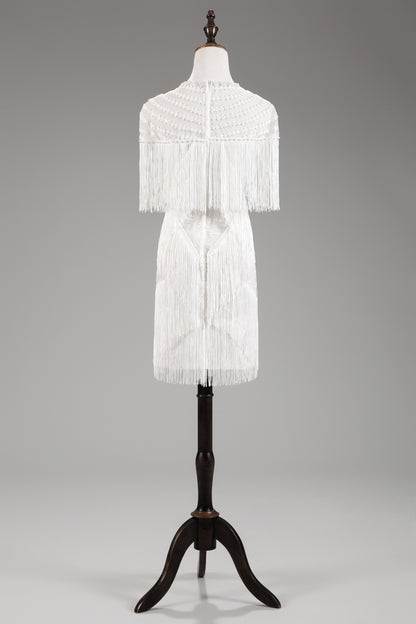 7-Day Dispatch High Neck White Fringe Flapper Mini Dress Illusion Neck Sleeveless Tassel Party Gown