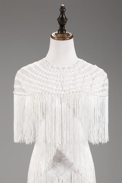 7-Day Dispatch High Neck White Fringe Flapper Mini Dress Illusion Neck Sleeveless Tassel Party Gown