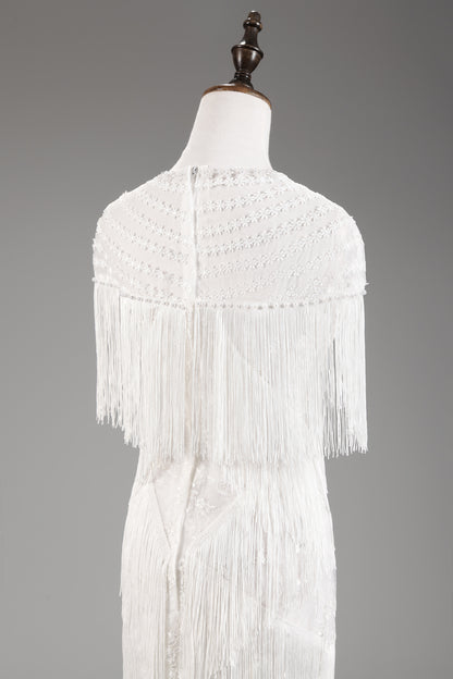 7-Day Dispatch High Neck White Fringe Flapper Mini Dress Illusion Neck Sleeveless Tassel Party Gown