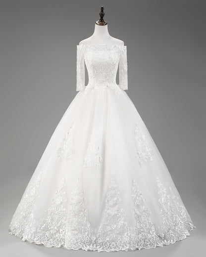 7-Day Dispatch Off-the-Shoulder 3/4 Sleeve White Lace Tulle Ball Gown Lace-up Back Wedding Dress