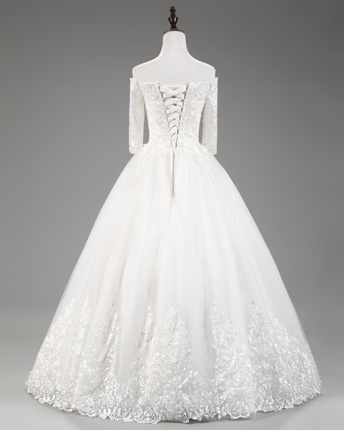 7-Day Dispatch Off-the-Shoulder 3/4 Sleeve White Lace Tulle Ball Gown Lace-up Back Wedding Dress