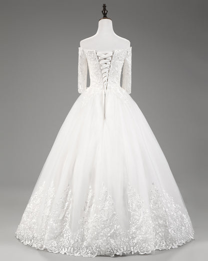 7-Day Dispatch Off-the-Shoulder 3/4 Sleeve White Lace Tulle Ball Gown Lace-up Back Wedding Dress