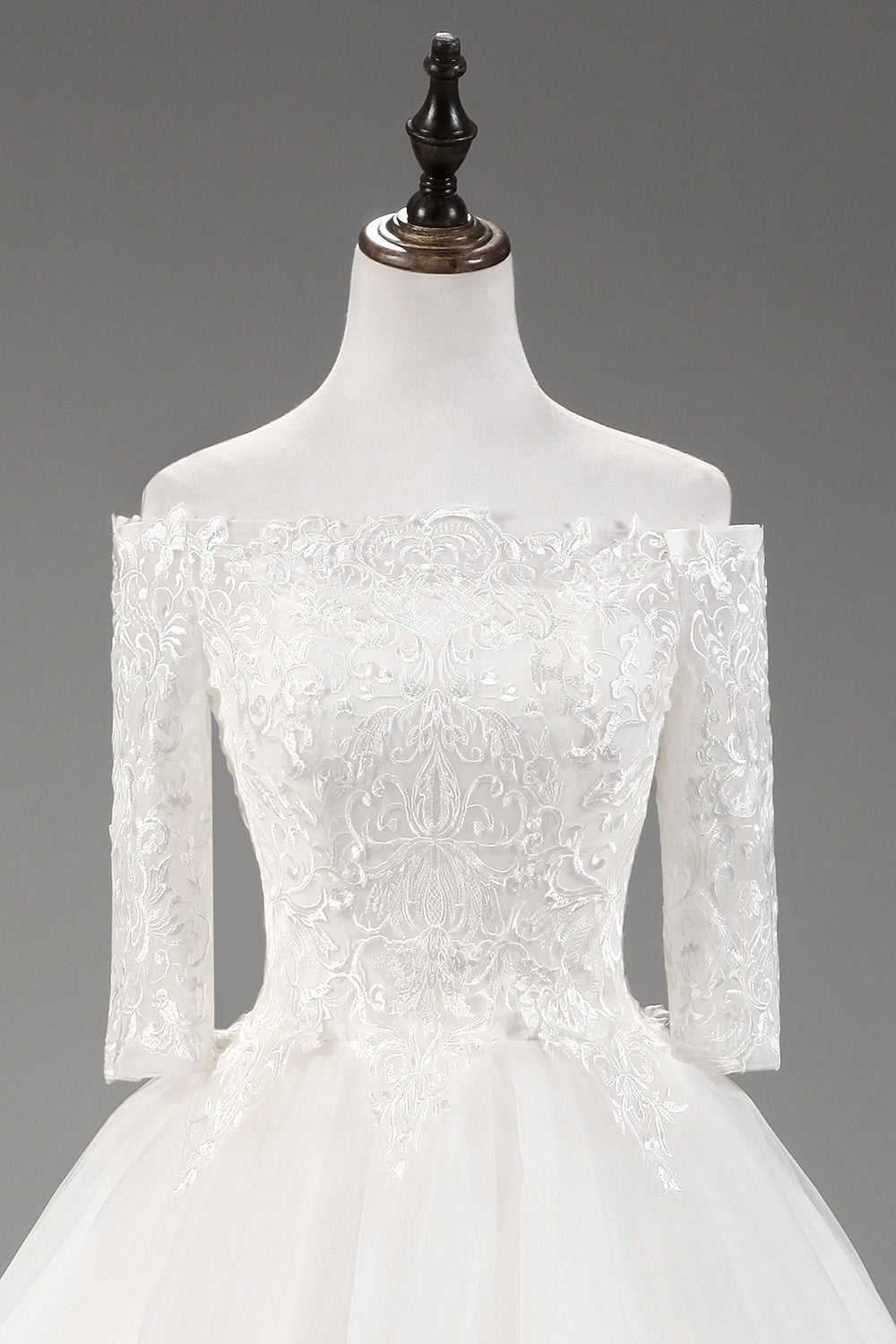 7-Day Dispatch Off-the-Shoulder 3/4 Sleeve White Lace Tulle Ball Gown Lace-up Back Wedding Dress