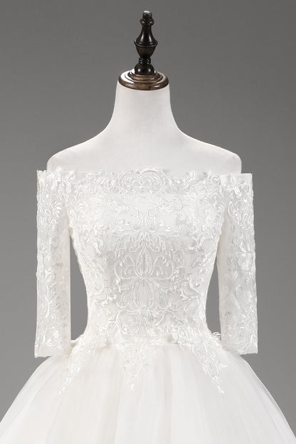 7-Day Dispatch Off-the-Shoulder 3/4 Sleeve White Lace Tulle Ball Gown Lace-up Back Wedding Dress