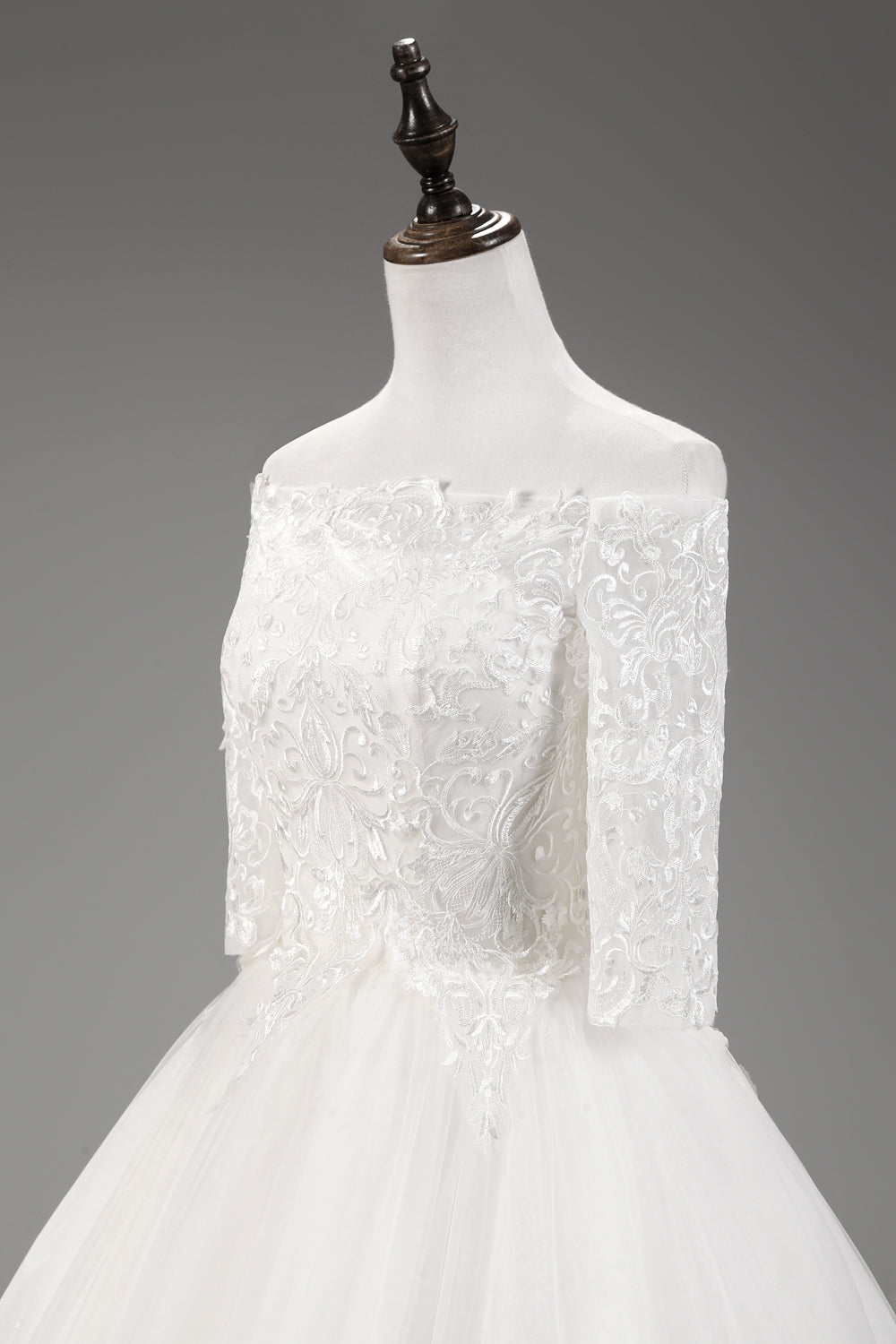 7-Day Dispatch Off-the-Shoulder 3/4 Sleeve White Lace Tulle Ball Gown Lace-up Back Wedding Dress