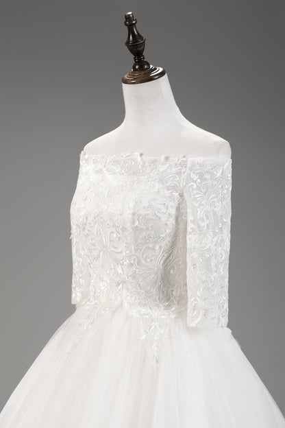 7-Day Dispatch Off-the-Shoulder 3/4 Sleeve White Lace Tulle Ball Gown Lace-up Back Wedding Dress