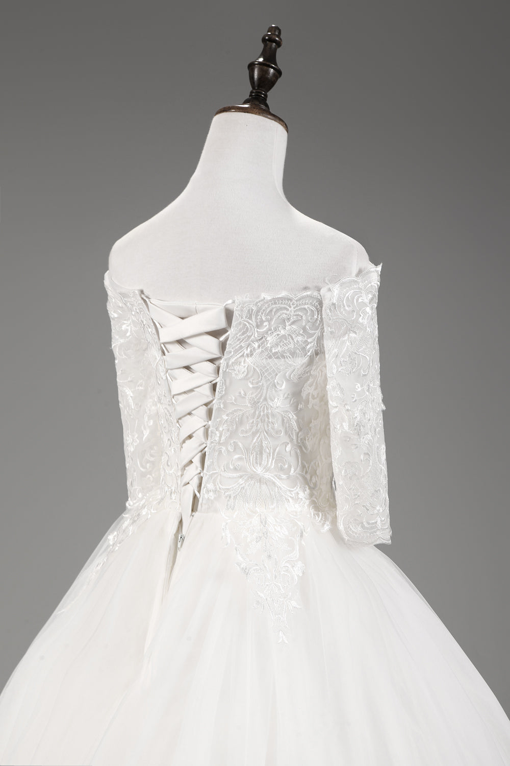 7-Day Dispatch Off-the-Shoulder 3/4 Sleeve White Lace Tulle Ball Gown Lace-up Back Wedding Dress