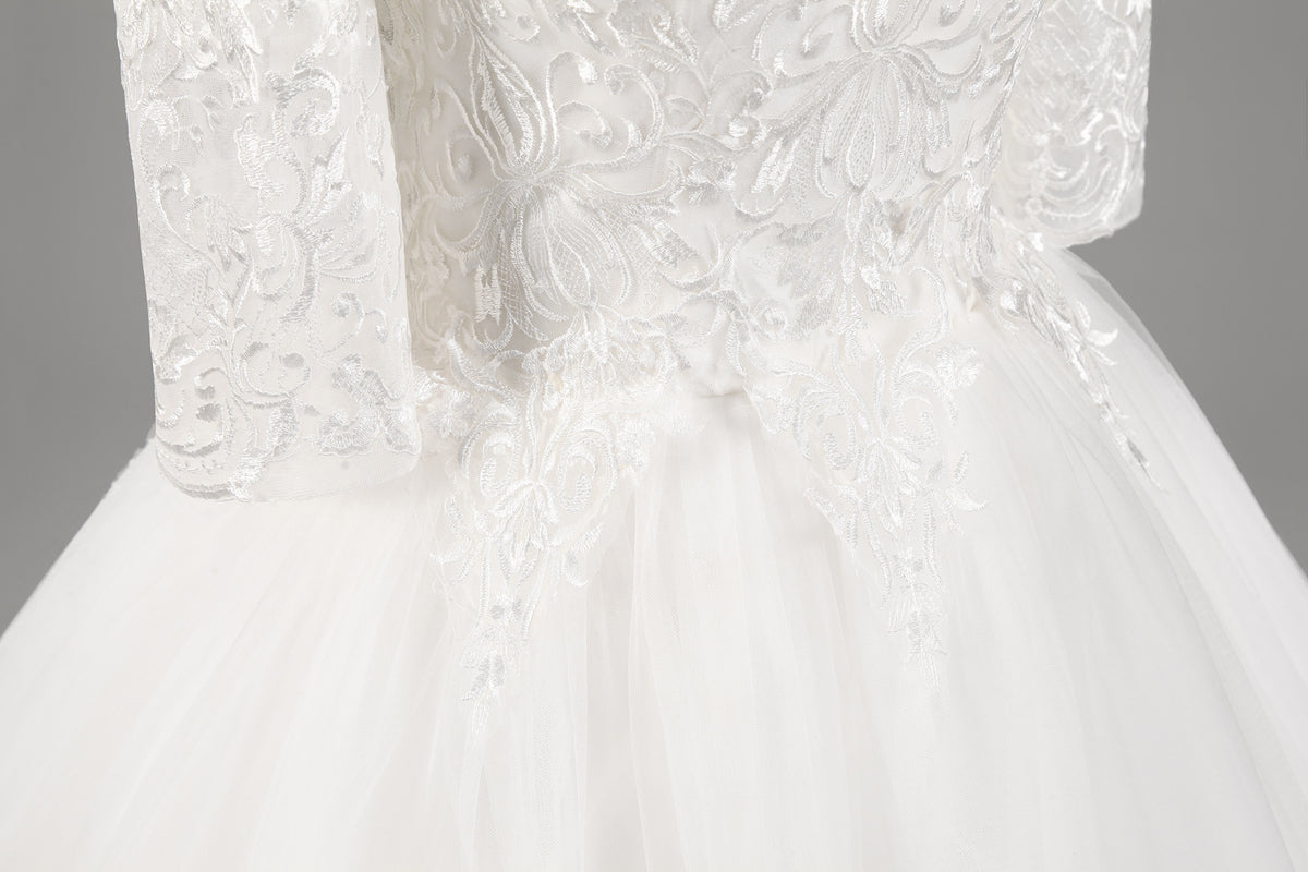 7-Day Dispatch Off-the-Shoulder 3/4 Sleeve White Lace Tulle Ball Gown Lace-up Back Wedding Dress