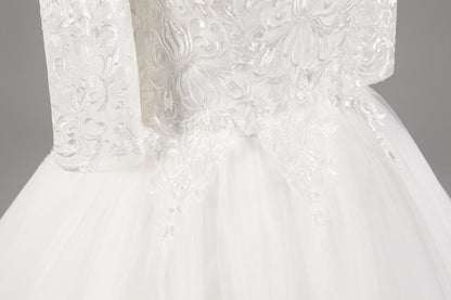 7-Day Dispatch Off-the-Shoulder 3/4 Sleeve White Lace Tulle Ball Gown Lace-up Back Wedding Dress