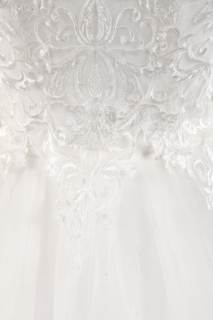 7-Day Dispatch Off-the-Shoulder 3/4 Sleeve White Lace Tulle Ball Gown Lace-up Back Wedding Dress