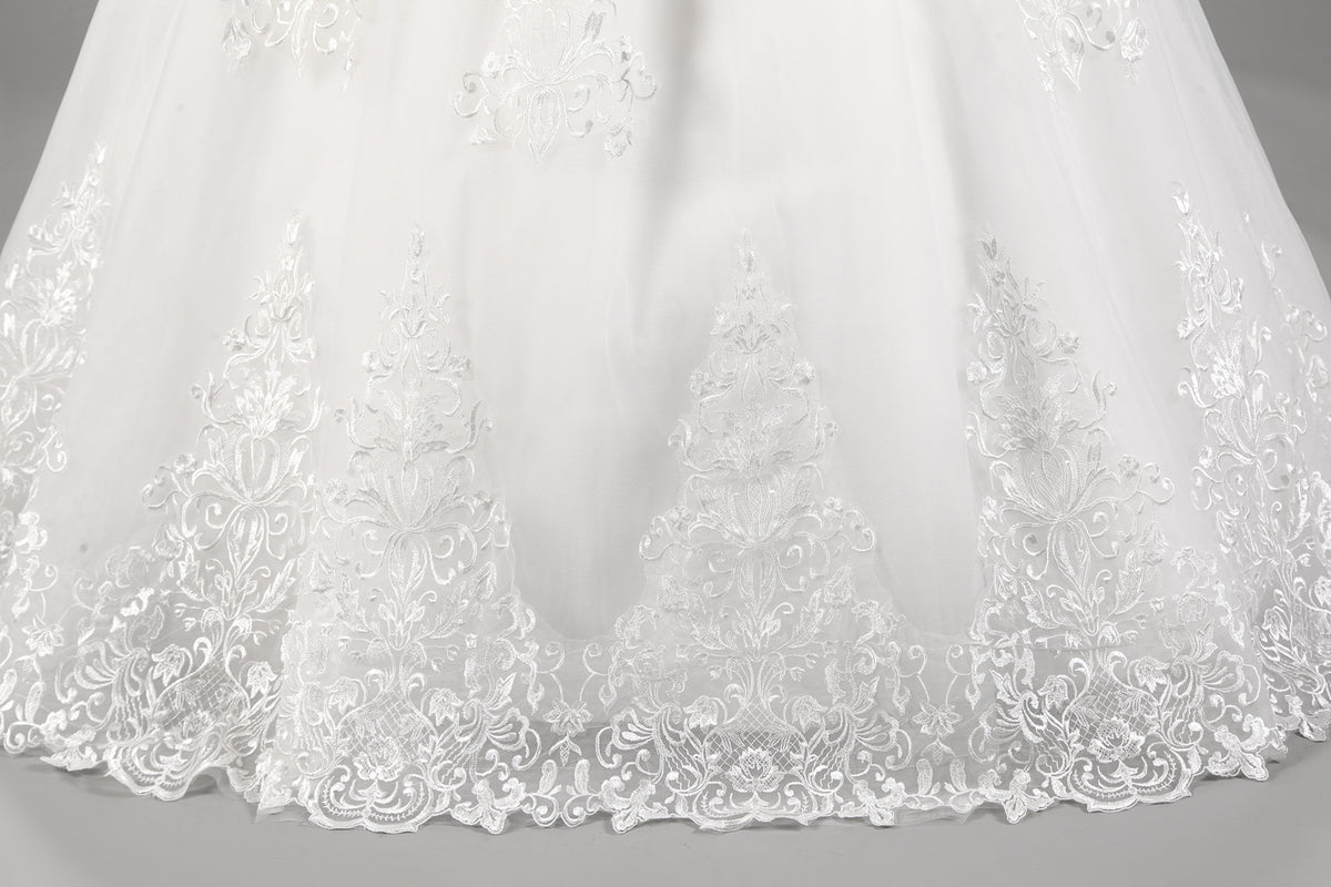 7-Day Dispatch Off-the-Shoulder 3/4 Sleeve White Lace Tulle Ball Gown Lace-up Back Wedding Dress