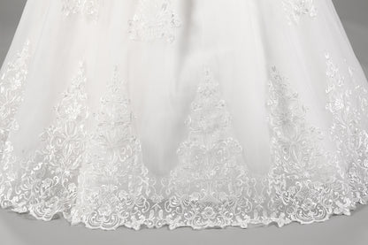 7-Day Dispatch Off-the-Shoulder 3/4 Sleeve White Lace Tulle Ball Gown Lace-up Back Wedding Dress